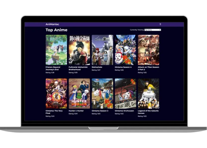 AniManiac homepage showing a grid of top-rated anime series